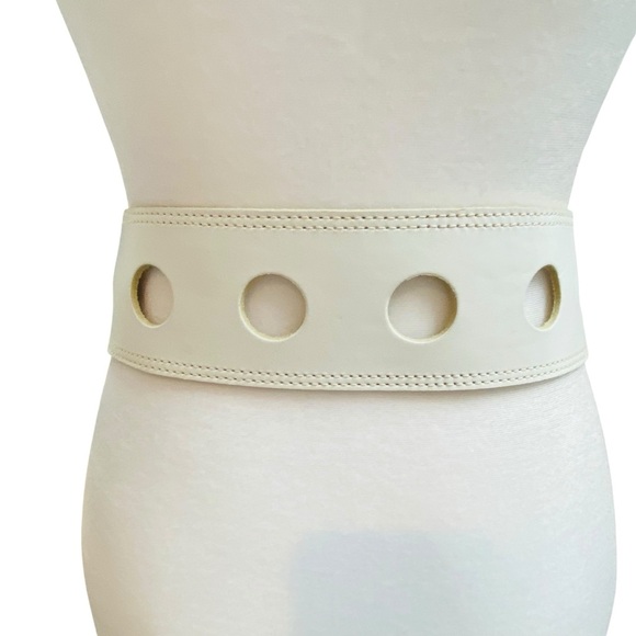 MINORONZONI Italian White Wide Leather Belt size Large Oversized Buckle Vintage - Picture 5 of 10